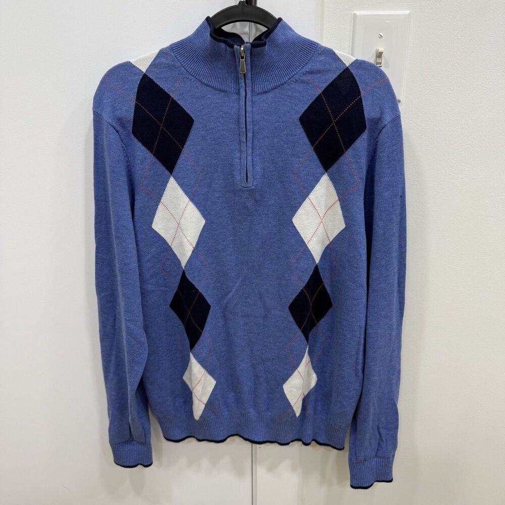 BROOKS BROTHERS St Andrews Links 1/4 Zip Pullover Argyle Sweater-Cotton-Blue-M